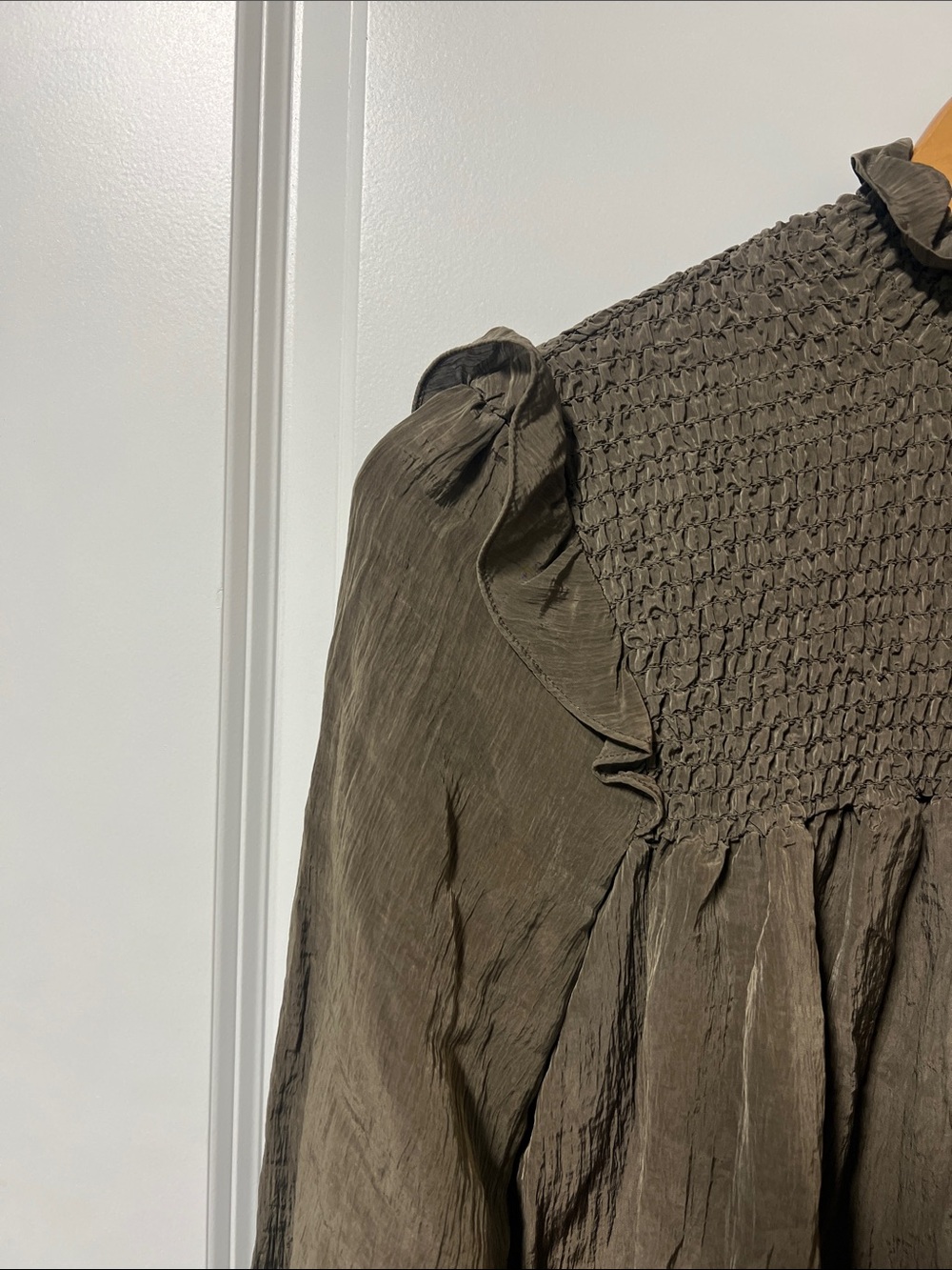 French Connection Dress, Green, Mini, Smocking on Bodice, Ruffle Accents, Small - Picture 3 of 10